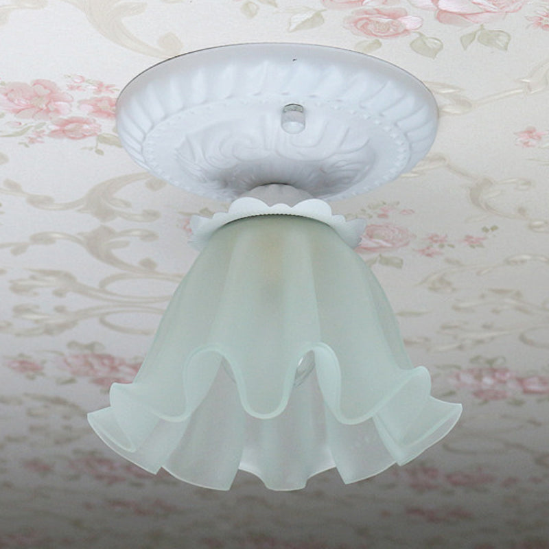 White/Green/Pink Floral Flush Ceiling Light Pastoral Style Frosted Milky Glass 1-Bulb Aisle Flush Mounted Lamp Clearhalo 'Ceiling Lights' 'Close To Ceiling Lights' 'Close to ceiling' 'Flush mount' Lighting' 1968531