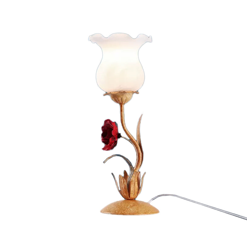 Beige/White/Green Flower Nightstand Lamp American Garden Frosted Milky Glass 1-Head Living Room Table Light Clearhalo 'Lamps' 'Table Lamps' Lighting' 1968569