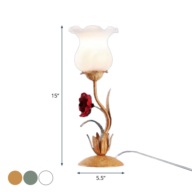 Beige/White/Green Flower Nightstand Lamp American Garden Frosted Milky Glass 1-Head Living Room Table Light Clearhalo 'Lamps' 'Table Lamps' Lighting' 1968571