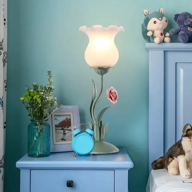 Beige/White/Green Flower Nightstand Lamp American Garden Frosted Milky Glass 1-Head Living Room Table Light Clearhalo 'Lamps' 'Table Lamps' Lighting' 1968573