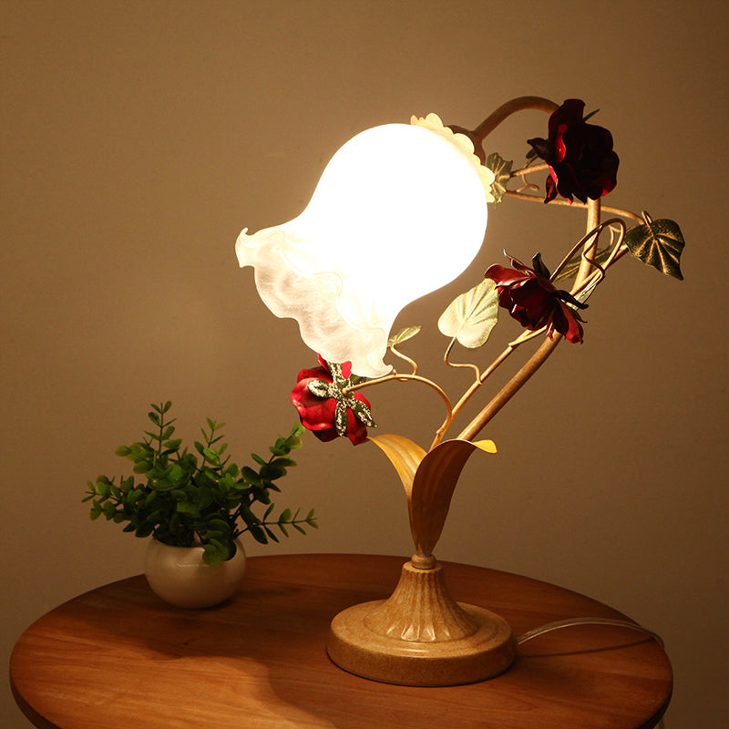 1-Bulb Night Light Pastoral Floral Frosted Milky Glass Table Lamp with Arched Arm in Blue/Beige Clearhalo 'Lamps' 'Table Lamps' Lighting' 1968580
