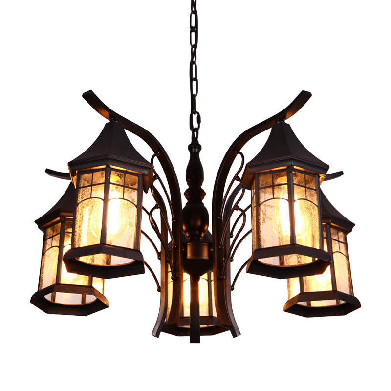 Black 3/5/6 Heads Ceiling Light Industrial Clear Glass Lantern Chandelier Light Fixture Clearhalo 'Ceiling Lights' 'Chandeliers' 'Glass shade' 'Glass' 'Industrial Chandeliers' 'Industrial' 'Middle Century Chandeliers' 'Tiffany' Lighting' 1968882
