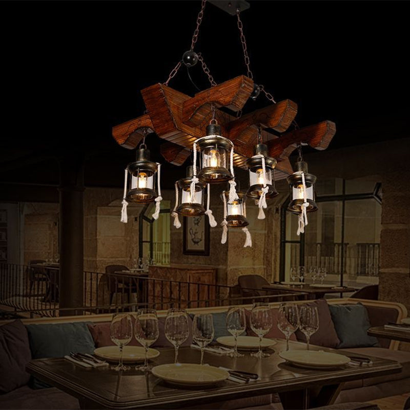 Lantern Clear Glass Chandelier Lamp Industrial 4/6 Heads Restaurant Ceiling Pendant Light in Wood Clearhalo 'Cast Iron' 'Ceiling Lights' 'Chandeliers' 'Industrial Chandeliers' 'Industrial' 'Metal' 'Middle Century Chandeliers' 'Rustic Chandeliers' 'Tiffany' Lighting' 1968917