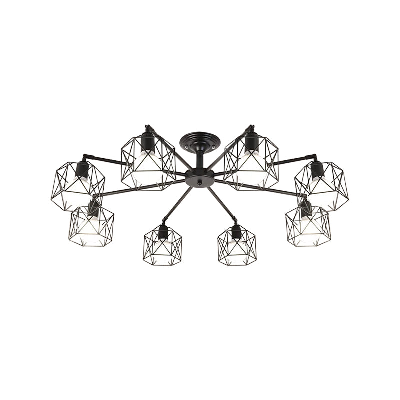 Iron Wire Cage Rotating Ceiling Chandelier Warehouse 4/6/8-Light Bedroom Pendant Lamp in Black Clearhalo 'Cast Iron' 'Ceiling Lights' 'Chandeliers' 'Industrial Chandeliers' 'Industrial' 'Metal' 'Middle Century Chandeliers' 'Rustic Chandeliers' 'Tiffany' Lighting' 1969005