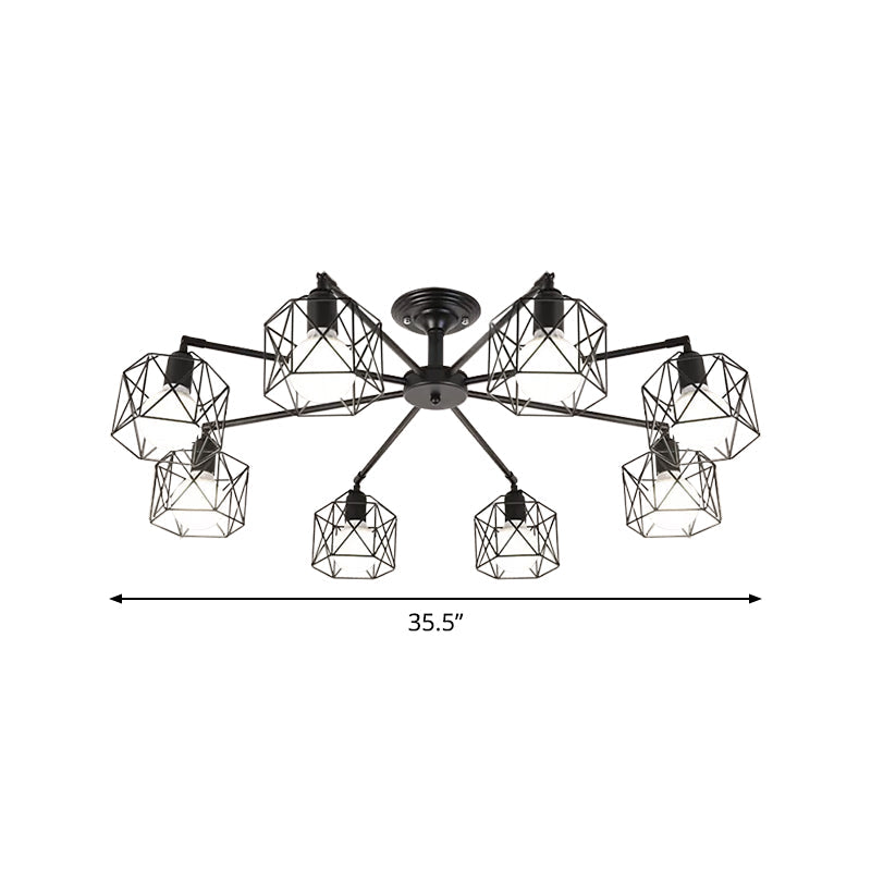 Iron Wire Cage Rotating Ceiling Chandelier Warehouse 4/6/8-Light Bedroom Pendant Lamp in Black Clearhalo 'Cast Iron' 'Ceiling Lights' 'Chandeliers' 'Industrial Chandeliers' 'Industrial' 'Metal' 'Middle Century Chandeliers' 'Rustic Chandeliers' 'Tiffany' Lighting' 1969007