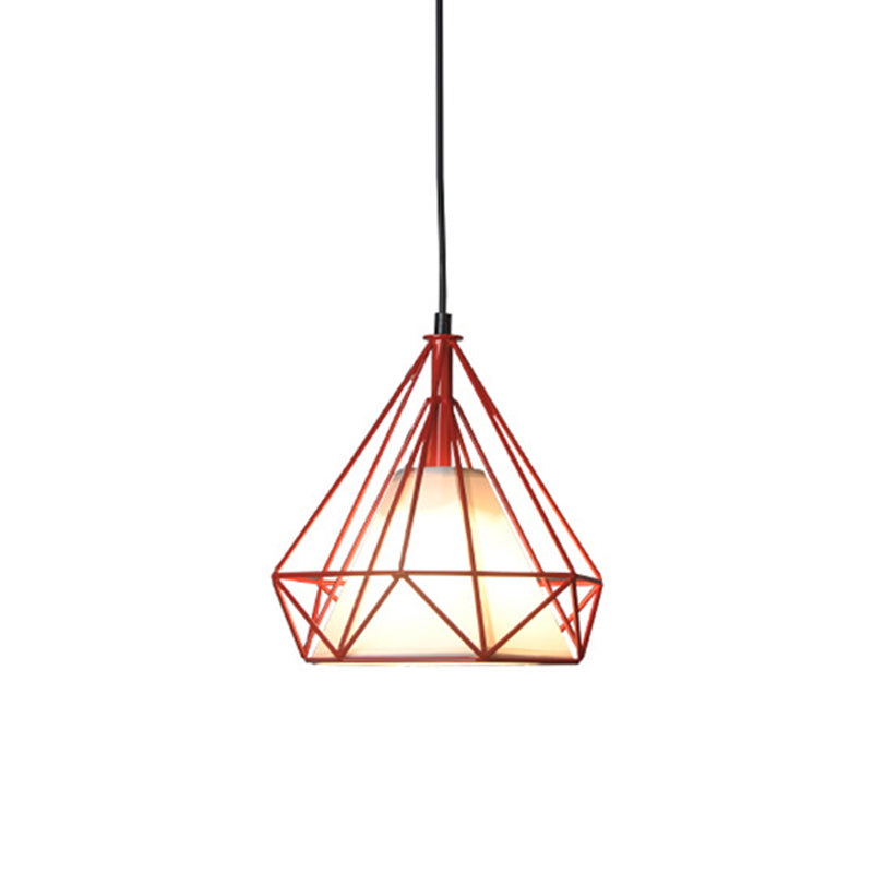 Loft Diamond Ceiling Hang Lamp 1 Head Iron Pendant Lighting in Black/White/Green with Cone Fabric Shade Inside Red Clearhalo 'Art Deco Pendants' 'Black' 'Cast Iron' 'Ceiling Lights' 'Ceramic' 'Crystal' 'Industrial Pendants' 'Industrial' 'Metal' 'Middle Century Pendants' 'Pendant Lights' 'Pendants' 'Rustic Pendants' 'Tiffany' Lighting' 1969080