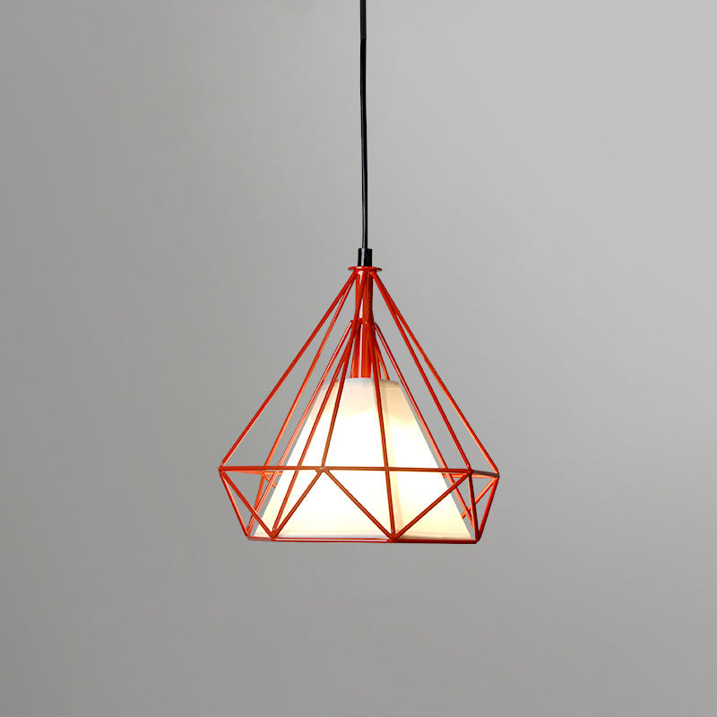 Loft Diamond Ceiling Hang Lamp 1 Head Iron Pendant Lighting in Black/White/Green with Cone Fabric Shade Inside Clearhalo 'Art Deco Pendants' 'Black' 'Cast Iron' 'Ceiling Lights' 'Ceramic' 'Crystal' 'Industrial Pendants' 'Industrial' 'Metal' 'Middle Century Pendants' 'Pendant Lights' 'Pendants' 'Rustic Pendants' 'Tiffany' Lighting' 1969081