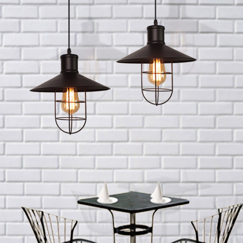 Industrial Saucer Shade Pendant Lamp 1 Head Metal Hanging Light Fixture with Cage Bottom in Black Clearhalo 'Art Deco Pendants' 'Black' 'Cast Iron' 'Ceiling Lights' 'Ceramic' 'Crystal' 'Industrial Pendants' 'Industrial' 'Metal' 'Middle Century Pendants' 'Pendant Lights' 'Pendants' 'Rustic Pendants' 'Tiffany' Lighting' 1969145