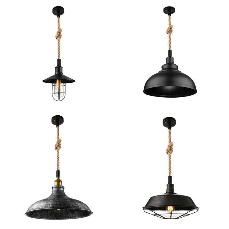 Barn/Bowl/Saucer Iron Suspension Light Farmhouse Single Dining Room Ceiling Pendant in Black with Hemp Rope Cord Clearhalo 'Art Deco Pendants' 'Black' 'Cast Iron' 'Ceiling Lights' 'Ceramic' 'Crystal' 'Industrial Pendants' 'Industrial' 'Metal' 'Middle Century Pendants' 'Pendant Lights' 'Pendants' 'Rustic Pendants' 'Tiffany' Lighting' 1969186