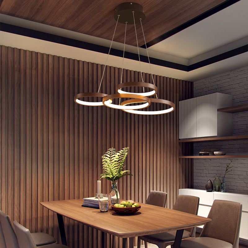 Modernist LED Chandelier Pendant Brown 3/4/5 Tiers Halo Ring Hanging Lamp with Acrylic Shade Brown 4 Tiers Clearhalo 'Ceiling Lights' 'Chandeliers' 'Modern Chandeliers' 'Modern' Lighting' 1969369