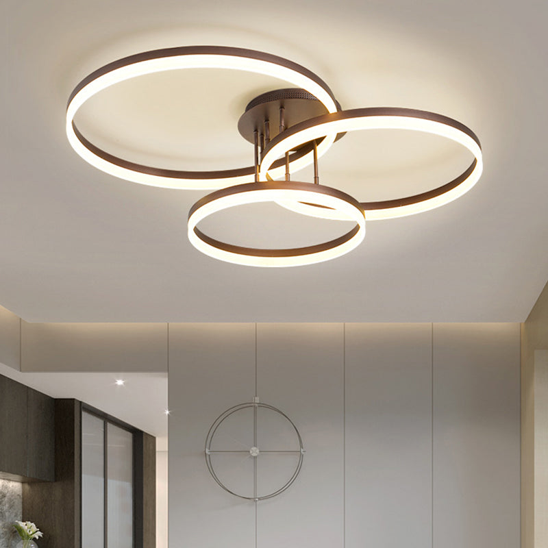 Coffee Hoop Shaped Ceiling Light Minimalist 3-Light Acrylic LED Semi Flush Mount Lamp with Spiral Design, Warm/White Light Coffee Clearhalo 'Ceiling Lights' 'Close To Ceiling Lights' 'Close to ceiling' 'Semi-flushmount' Lighting' 1969412
