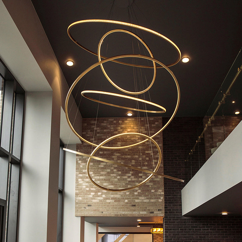 Minimalist 3/5 Tiers LED Pendant Lighting Stainless Steel Living Room Extra-Slim Hoop Chandelier in Gold Gold 5 Tiers & Above Clearhalo 'Ceiling Lights' 'Chandeliers' 'Modern Chandeliers' 'Modern' Lighting' 1969431
