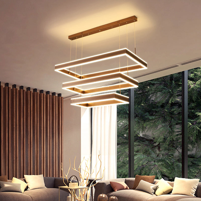 Aluminum 2/3-Tiered Rectangular Pendant Light Modernism Brown LED Chandelier in Warm/White Light Brown 3 Tiers Clearhalo 'Ceiling Lights' 'Chandeliers' 'Modern Chandeliers' 'Modern' Lighting' 1969479