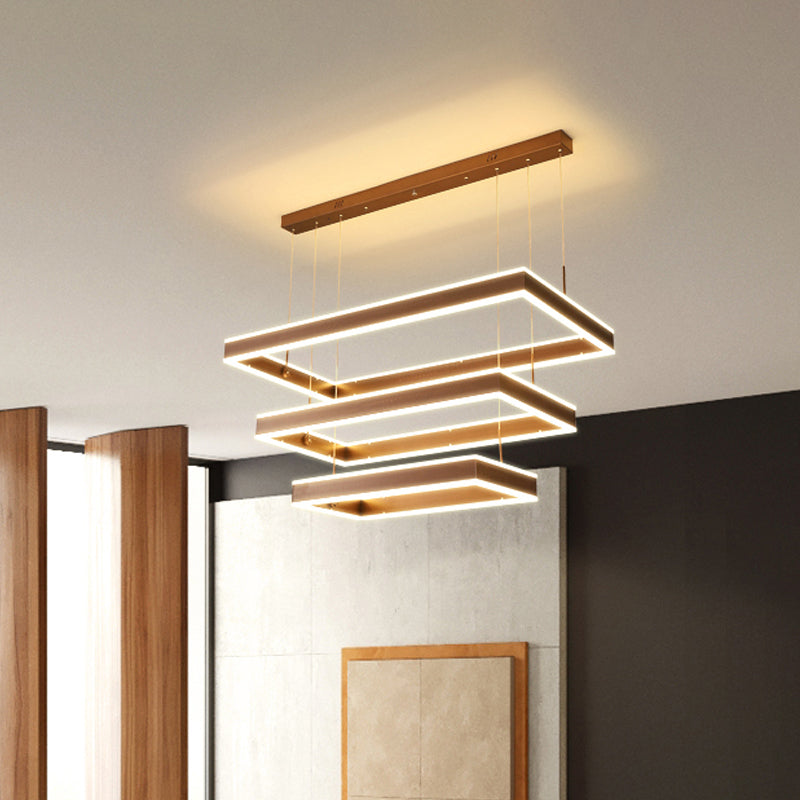 Aluminum 2/3-Tiered Rectangular Pendant Light Modernism Brown LED Chandelier in Warm/White Light Clearhalo 'Ceiling Lights' 'Chandeliers' 'Modern Chandeliers' 'Modern' Lighting' 1969481