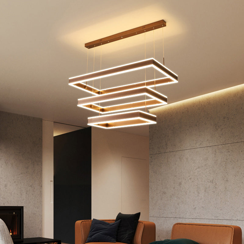 Modernist Tapered Rectangle Chandelier Aluminum Dining Room 2/3/4-Tier LED Pendant Lamp in Brown, Warm/White Light Clearhalo 'Ceiling Lights' 'Chandeliers' 'Modern Chandeliers' 'Modern' Lighting' 1969505