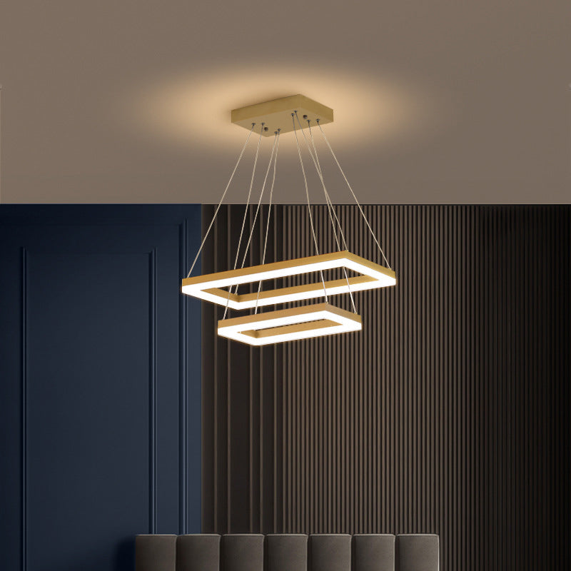 Brushed Gold 2/3/4-Tier Rectangle Pendant Modern Metallic LED Chandelier Light Fixture Gold 2 Tiers Clearhalo 'Ceiling Lights' 'Chandeliers' 'Modern Chandeliers' 'Modern' Lighting' 1969542