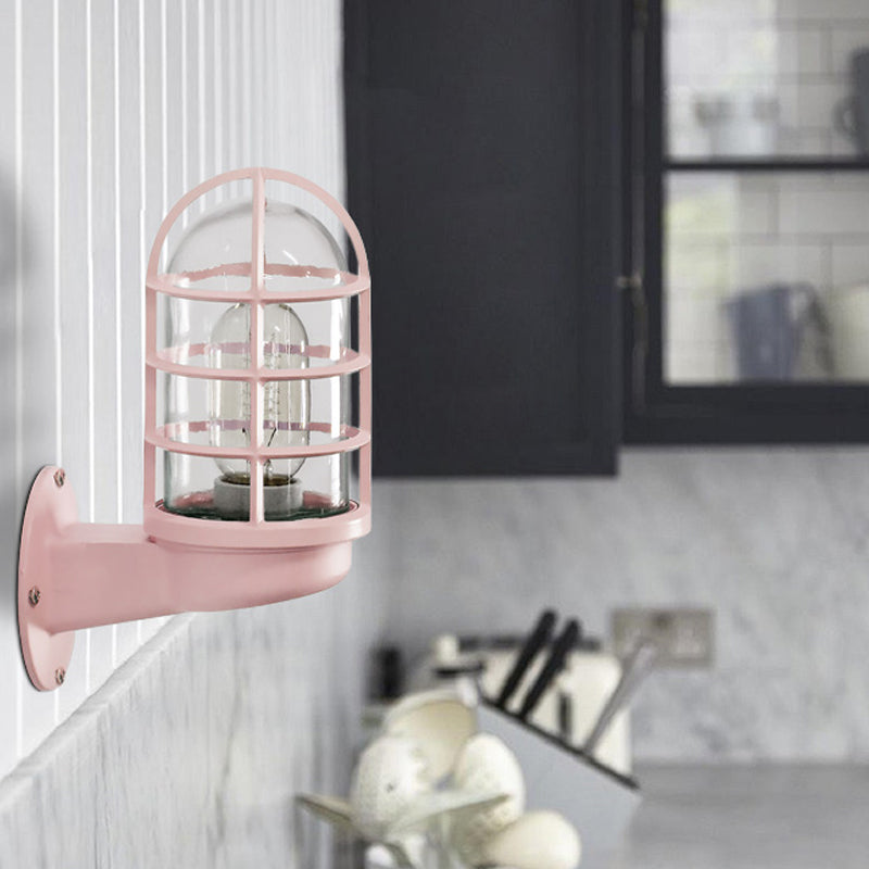 Loft Capsule Wall Lamp Fixture Single Transparent Glass Sconce Light with Wire Cage in Pink/Blue/Rust Pink Clearhalo 'Art deco wall lights' 'Cast Iron' 'Glass' 'Industrial wall lights' 'Industrial' 'Middle century wall lights' 'Modern' 'Rustic wall lights' 'Tiffany' 'Traditional wall lights' 'Wall Lamps & Sconces' 'Wall Lights' Lighting' 1969632