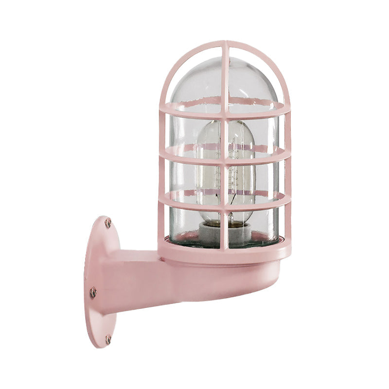 Loft Capsule Wall Lamp Fixture Single Transparent Glass Sconce Light with Wire Cage in Pink/Blue/Rust Clearhalo 'Art deco wall lights' 'Cast Iron' 'Glass' 'Industrial wall lights' 'Industrial' 'Middle century wall lights' 'Modern' 'Rustic wall lights' 'Tiffany' 'Traditional wall lights' 'Wall Lamps & Sconces' 'Wall Lights' Lighting' 1969634