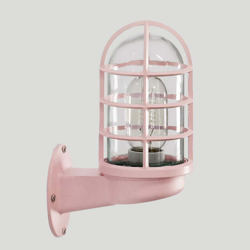 Loft Capsule Wall Lamp Fixture Single Transparent Glass Sconce Light with Wire Cage in Pink/Blue/Rust Clearhalo 'Art deco wall lights' 'Cast Iron' 'Glass' 'Industrial wall lights' 'Industrial' 'Middle century wall lights' 'Modern' 'Rustic wall lights' 'Tiffany' 'Traditional wall lights' 'Wall Lamps & Sconces' 'Wall Lights' Lighting' 1969635