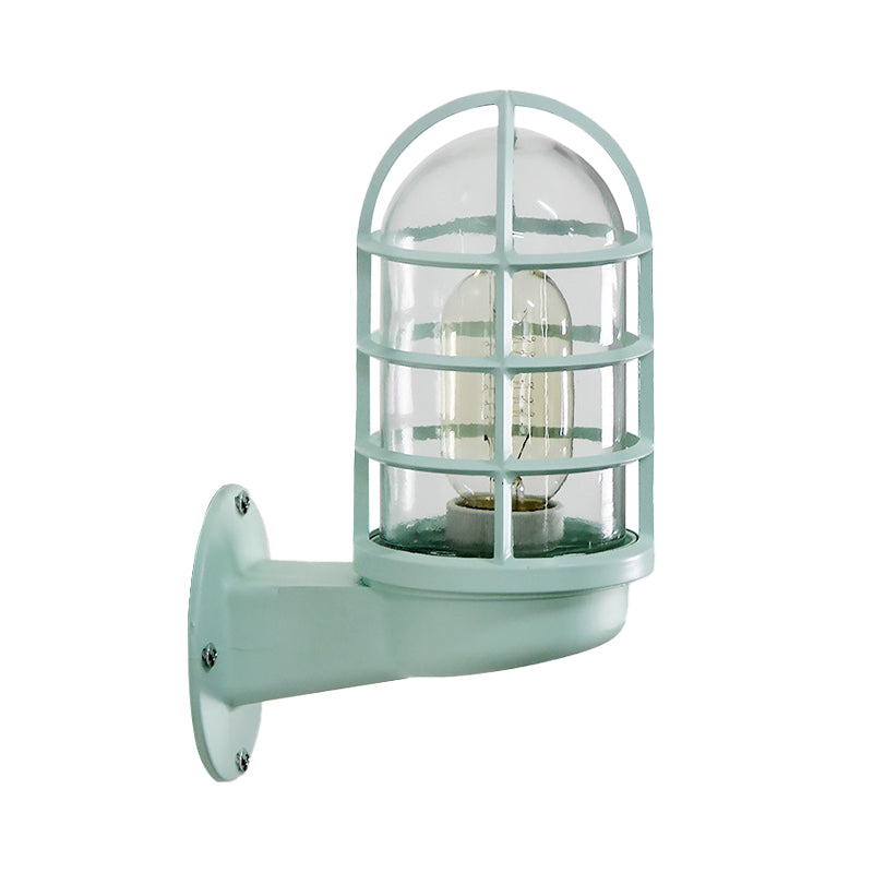Loft Capsule Wall Lamp Fixture Single Transparent Glass Sconce Light with Wire Cage in Pink/Blue/Rust Clearhalo 'Art deco wall lights' 'Cast Iron' 'Glass' 'Industrial wall lights' 'Industrial' 'Middle century wall lights' 'Modern' 'Rustic wall lights' 'Tiffany' 'Traditional wall lights' 'Wall Lamps & Sconces' 'Wall Lights' Lighting' 1969638