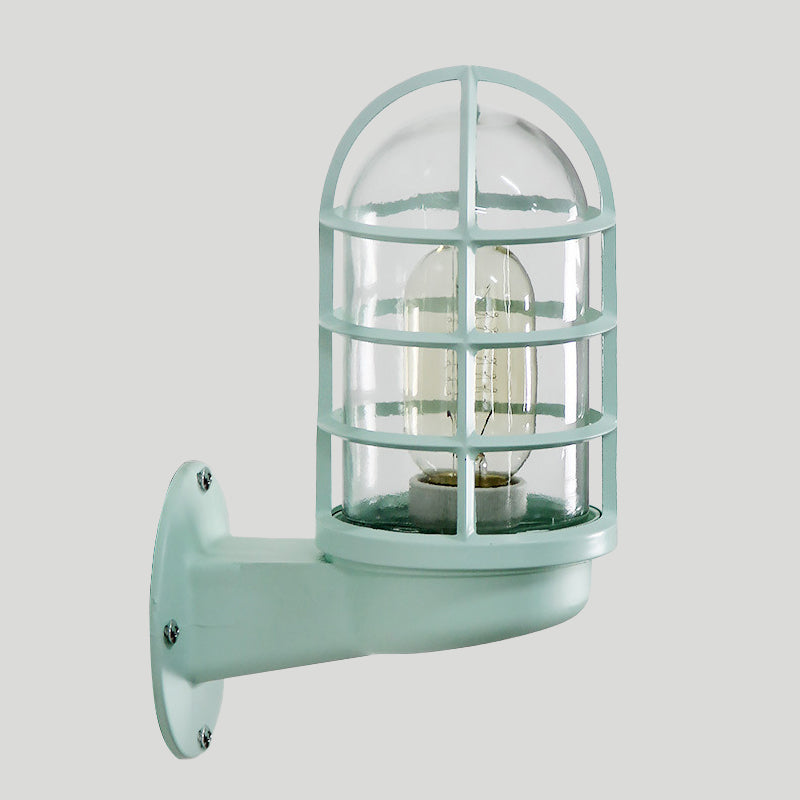 Loft Capsule Wall Lamp Fixture Single Transparent Glass Sconce Light with Wire Cage in Pink/Blue/Rust Clearhalo 'Art deco wall lights' 'Cast Iron' 'Glass' 'Industrial wall lights' 'Industrial' 'Middle century wall lights' 'Modern' 'Rustic wall lights' 'Tiffany' 'Traditional wall lights' 'Wall Lamps & Sconces' 'Wall Lights' Lighting' 1969639