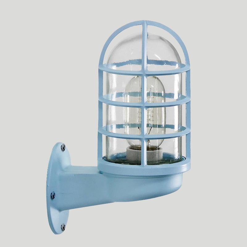 Loft Capsule Wall Lamp Fixture Single Transparent Glass Sconce Light with Wire Cage in Pink/Blue/Rust Clearhalo 'Art deco wall lights' 'Cast Iron' 'Glass' 'Industrial wall lights' 'Industrial' 'Middle century wall lights' 'Modern' 'Rustic wall lights' 'Tiffany' 'Traditional wall lights' 'Wall Lamps & Sconces' 'Wall Lights' Lighting' 1969644