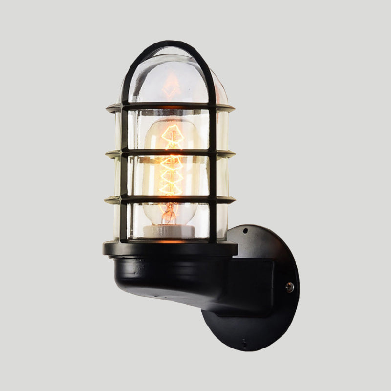 Loft Capsule Wall Lamp Fixture Single Transparent Glass Sconce Light with Wire Cage in Pink/Blue/Rust Clearhalo 'Art deco wall lights' 'Cast Iron' 'Glass' 'Industrial wall lights' 'Industrial' 'Middle century wall lights' 'Modern' 'Rustic wall lights' 'Tiffany' 'Traditional wall lights' 'Wall Lamps & Sconces' 'Wall Lights' Lighting' 1969648