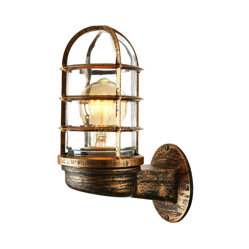 Loft Capsule Wall Lamp Fixture Single Transparent Glass Sconce Light with Wire Cage in Pink/Blue/Rust Clearhalo 'Art deco wall lights' 'Cast Iron' 'Glass' 'Industrial wall lights' 'Industrial' 'Middle century wall lights' 'Modern' 'Rustic wall lights' 'Tiffany' 'Traditional wall lights' 'Wall Lamps & Sconces' 'Wall Lights' Lighting' 1969650