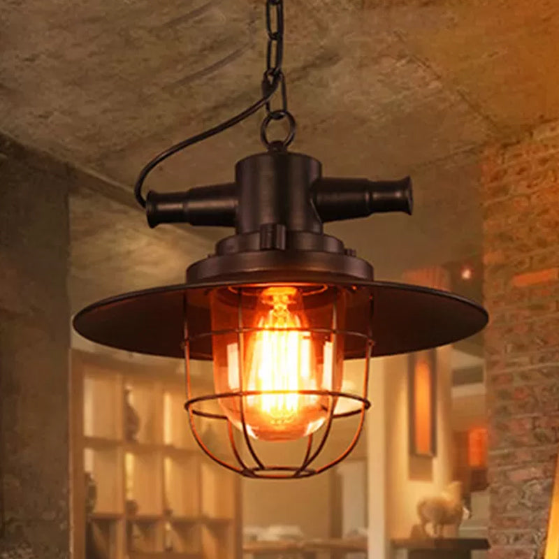 Single-Bulb Saucer Pendulum Light Industrial Black Iron Ceiling Pendant with Cage and Clear Glass Shade Clearhalo 'Art Deco Pendants' 'Black' 'Cast Iron' 'Ceiling Lights' 'Ceramic' 'Crystal' 'Industrial Pendants' 'Industrial' 'Metal' 'Middle Century Pendants' 'Pendant Lights' 'Pendants' 'Rustic Pendants' 'Tiffany' Lighting' 1969697
