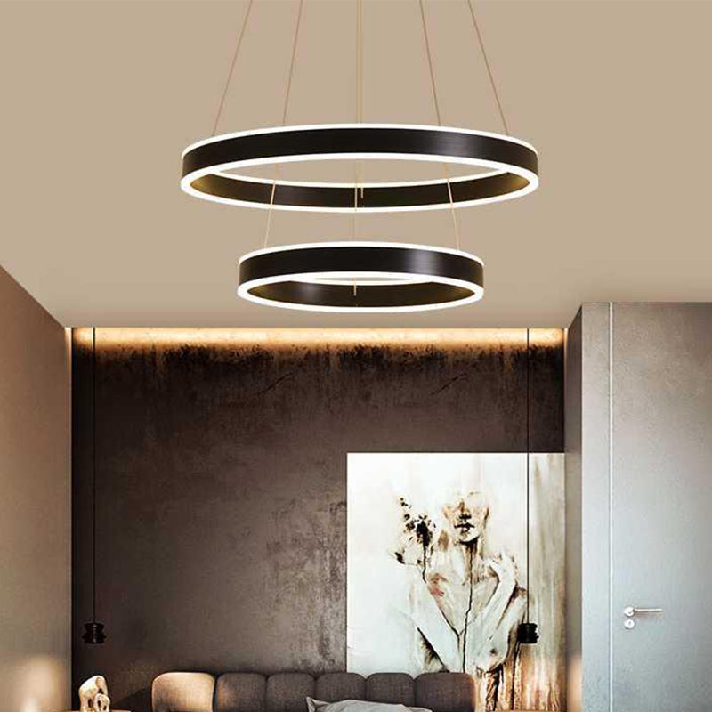 2/3-Tier Bedroom Ceiling Pendant Aluminum Modernist LED Hoop Hanging Chandelier in Black Black 2 Tiers Clearhalo 'Ceiling Lights' 'Chandeliers' 'Modern Chandeliers' 'Modern' Lighting' 1970161