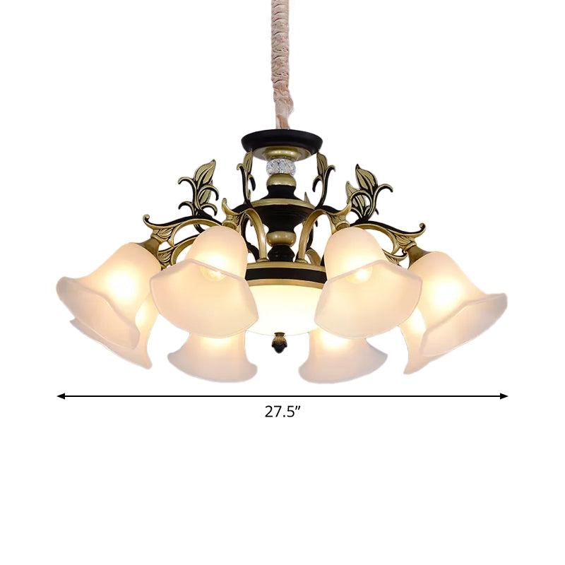 Bellflower Frosted White Glass Chandelier Farmhouse 3/6/12 Heads Living Room Hanging Light Fixture in Bronze Clearhalo 'Ceiling Lights' 'Chandeliers' Lighting' options 1970906
