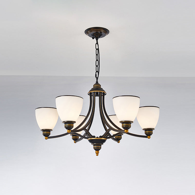 3/6/8-Light Milky Glass Chandelier Classic Black/Gold Bell Dining Room Suspension Pendant Light 6 Black Clearhalo 'Ceiling Lights' 'Chandeliers' Lighting' options 1970981_cbdd0984-f867-4630-b491-1b24eafd6bd3