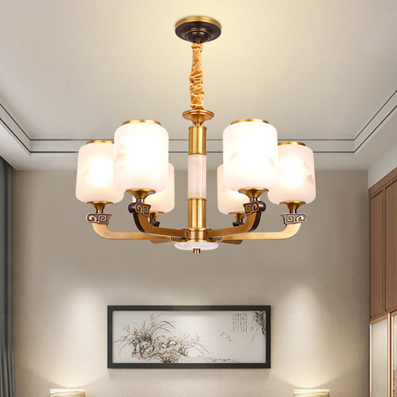 Frosted Glass Cylinder Pendant Light Retro 6/8-Bulb Living Room Chandelier with Landscape Print Clearhalo 'Ceiling Lights' 'Chandeliers' Lighting' options 1970985