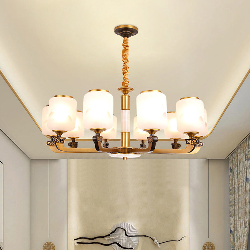 Frosted Glass Cylinder Pendant Light Retro 6/8-Bulb Living Room Chandelier with Landscape Print 8 Gold Clearhalo 'Ceiling Lights' 'Chandeliers' Lighting' options 1970990_8d5befe9-eec4-4dc4-a2bb-4b540035e530
