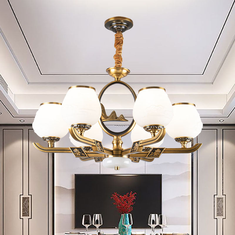 6 Lights Chandelier Lamp Traditional Dining Room Hanging Light with Bud White Glass Shade in Brass White Clearhalo 'Ceiling Lights' 'Chandeliers' Lighting' options 1971001_23a60508-30cd-4e9d-8324-d11d4bd7ff42