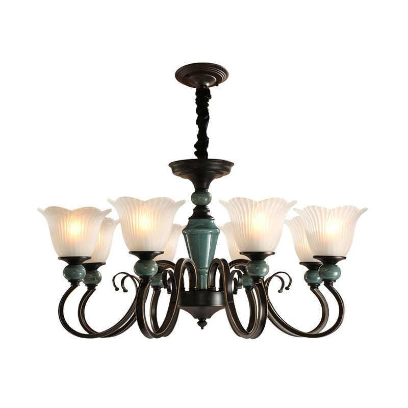 Farmhouse Blossom Up Chandelier 3/8/12 Heads Frosted Ribbed Glass Ceiling Hang Light in Blackish Green 8 Blackish Green Clearhalo 'Ceiling Lights' 'Chandeliers' Lighting' options 1971029_a58b69f0-96fb-4665-98cd-3545ddbb7a8d