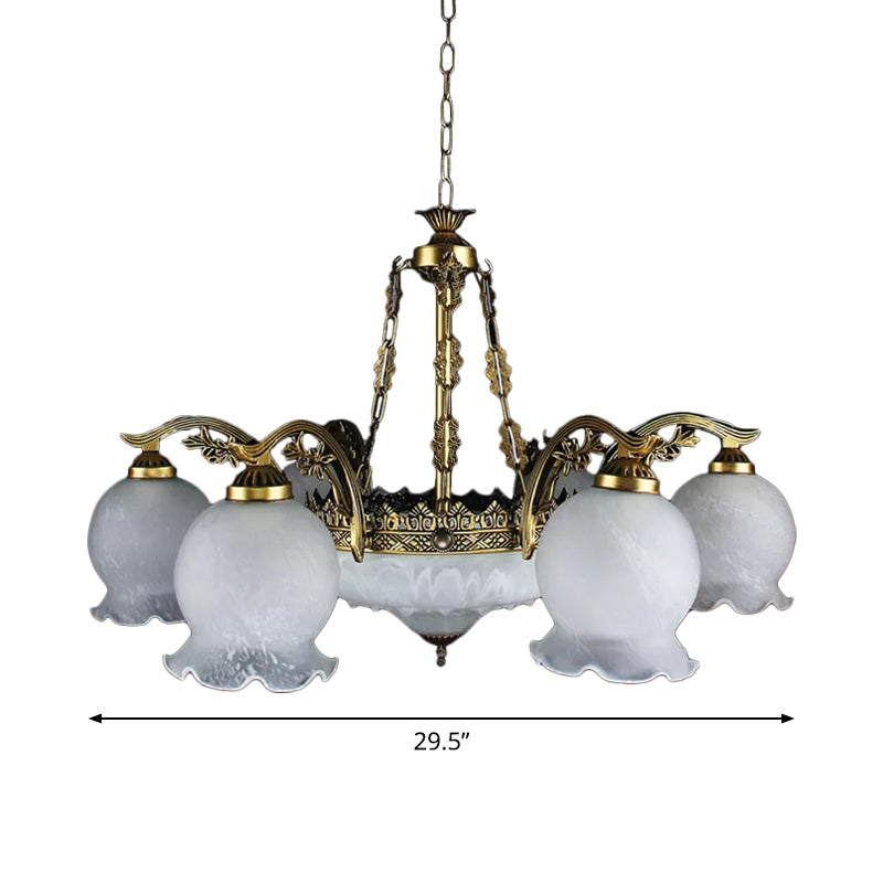 9 Lights Half-Bloom Ceiling Chandelier Rustic Brass White Glass Hanging Pendant Light Clearhalo 'Ceiling Lights' 'Chandeliers' Lighting' options 1971086