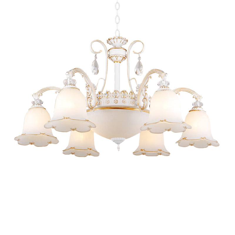 Floral Dining Room Up/Down Hanging Light Traditional Opal Glass 3/5/11-Bulb White Chandelier Lamp Clearhalo 'Ceiling Lights' 'Chandeliers' Lighting' options 1971110