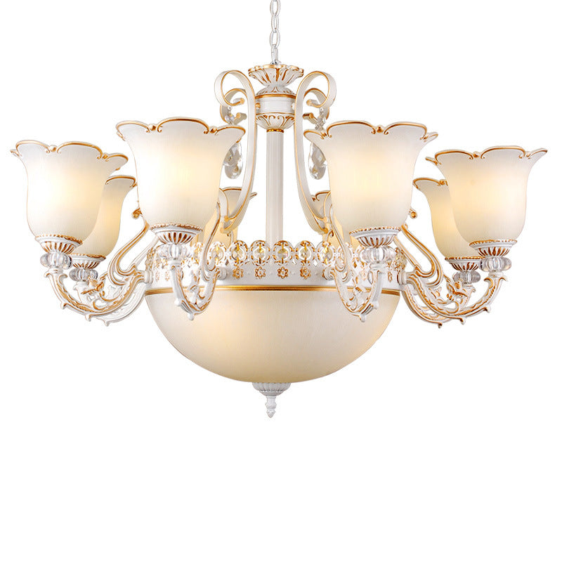 Floral Dining Room Up/Down Hanging Light Traditional Opal Glass 3/5/11-Bulb White Chandelier Lamp Clearhalo 'Ceiling Lights' 'Chandeliers' Lighting' options 1971122