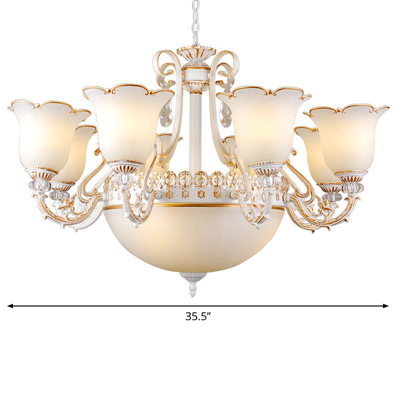 Floral Dining Room Up/Down Hanging Light Traditional Opal Glass 3/5/11-Bulb White Chandelier Lamp Clearhalo 'Ceiling Lights' 'Chandeliers' Lighting' options 1971123