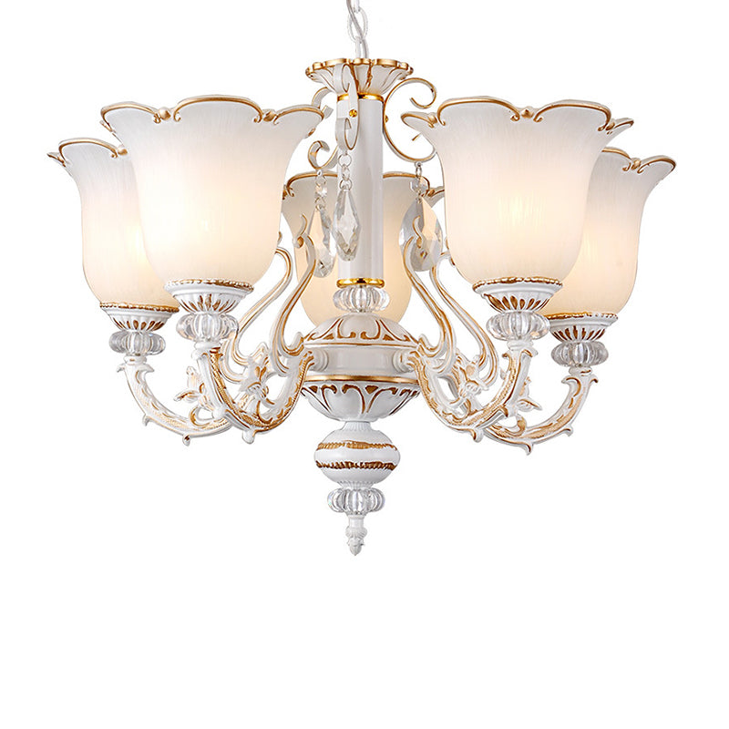 Floral Dining Room Up/Down Hanging Light Traditional Opal Glass 3/5/11-Bulb White Chandelier Lamp 5 White Up Clearhalo 'Ceiling Lights' 'Chandeliers' Lighting' options 1971128_30a4abd3-8fde-4e25-9861-07d95b77a09f