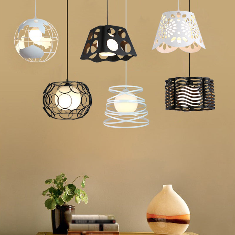 Black/White 1 Head Hanging Light Loft Metal Spring/Ova/Octagon Ceiling Pendant with Inner Globe Opal Glass Shade Clearhalo 'Art Deco Pendants' 'Black' 'Cast Iron' 'Ceiling Lights' 'Ceramic' 'Crystal' 'Industrial Pendants' 'Industrial' 'Metal' 'Middle Century Pendants' 'Pendant Lights' 'Pendants' 'Rustic Pendants' 'Tiffany' Lighting' 1971158