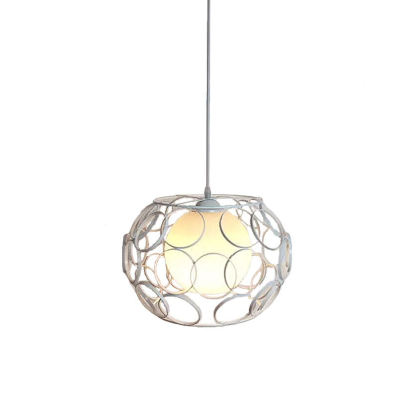 Black/White 1 Head Hanging Light Loft Metal Spring/Ova/Octagon Ceiling Pendant with Inner Globe Opal Glass Shade Clearhalo 'Art Deco Pendants' 'Black' 'Cast Iron' 'Ceiling Lights' 'Ceramic' 'Crystal' 'Industrial Pendants' 'Industrial' 'Metal' 'Middle Century Pendants' 'Pendant Lights' 'Pendants' 'Rustic Pendants' 'Tiffany' Lighting' 1971159