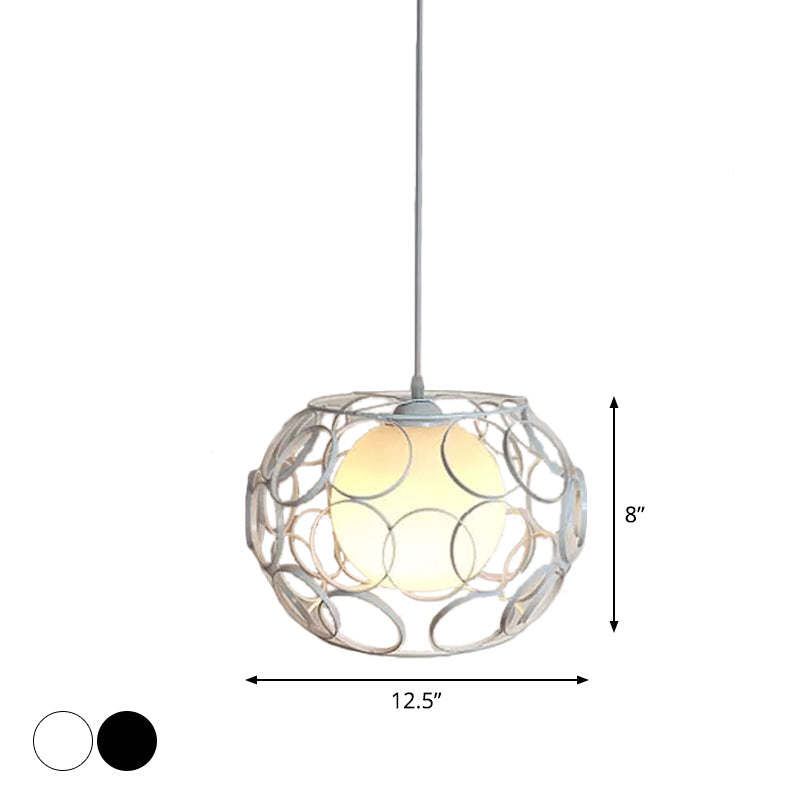 Black/White 1 Head Hanging Light Loft Metal Spring/Ova/Octagon Ceiling Pendant with Inner Globe Opal Glass Shade Clearhalo 'Art Deco Pendants' 'Black' 'Cast Iron' 'Ceiling Lights' 'Ceramic' 'Crystal' 'Industrial Pendants' 'Industrial' 'Metal' 'Middle Century Pendants' 'Pendant Lights' 'Pendants' 'Rustic Pendants' 'Tiffany' Lighting' 1971161