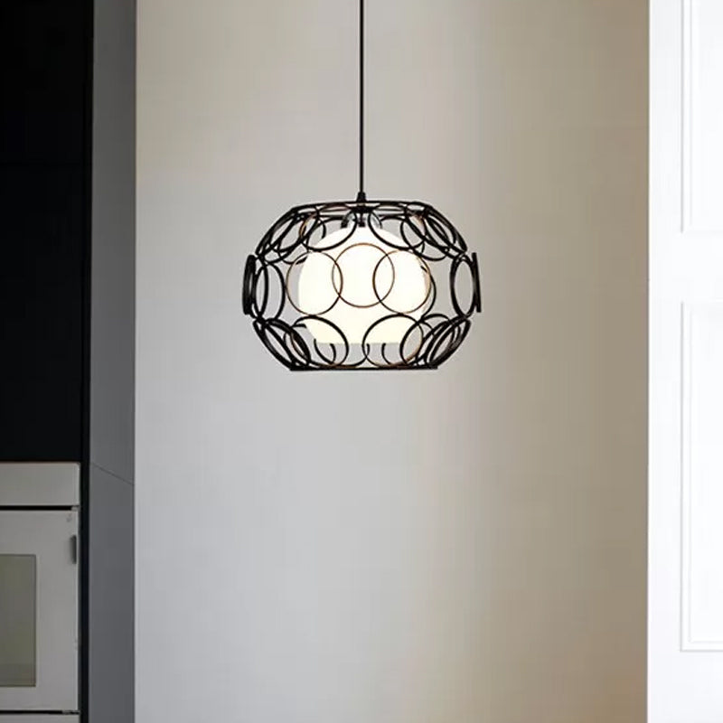 Black/White 1 Head Hanging Light Loft Metal Spring/Ova/Octagon Ceiling Pendant with Inner Globe Opal Glass Shade Black Oval Clearhalo 'Art Deco Pendants' 'Black' 'Cast Iron' 'Ceiling Lights' 'Ceramic' 'Crystal' 'Industrial Pendants' 'Industrial' 'Metal' 'Middle Century Pendants' 'Pendant Lights' 'Pendants' 'Rustic Pendants' 'Tiffany' Lighting' 1971162