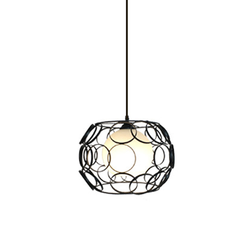 Black/White 1 Head Hanging Light Loft Metal Spring/Ova/Octagon Ceiling Pendant with Inner Globe Opal Glass Shade Clearhalo 'Art Deco Pendants' 'Black' 'Cast Iron' 'Ceiling Lights' 'Ceramic' 'Crystal' 'Industrial Pendants' 'Industrial' 'Metal' 'Middle Century Pendants' 'Pendant Lights' 'Pendants' 'Rustic Pendants' 'Tiffany' Lighting' 1971163
