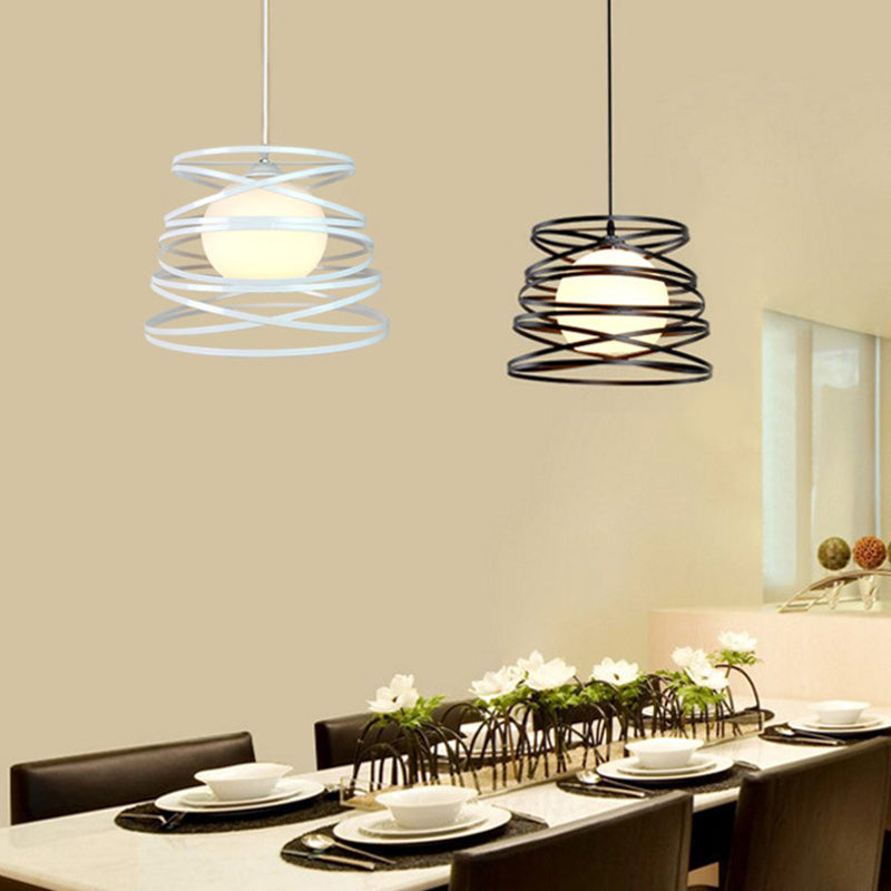 Black/White 1 Head Hanging Light Loft Metal Spring/Ova/Octagon Ceiling Pendant with Inner Globe Opal Glass Shade White Spring Clearhalo 'Art Deco Pendants' 'Black' 'Cast Iron' 'Ceiling Lights' 'Ceramic' 'Crystal' 'Industrial Pendants' 'Industrial' 'Metal' 'Middle Century Pendants' 'Pendant Lights' 'Pendants' 'Rustic Pendants' 'Tiffany' Lighting' 1971164