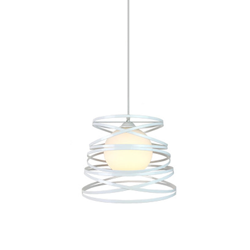 Black/White 1 Head Hanging Light Loft Metal Spring/Ova/Octagon Ceiling Pendant with Inner Globe Opal Glass Shade Clearhalo 'Art Deco Pendants' 'Black' 'Cast Iron' 'Ceiling Lights' 'Ceramic' 'Crystal' 'Industrial Pendants' 'Industrial' 'Metal' 'Middle Century Pendants' 'Pendant Lights' 'Pendants' 'Rustic Pendants' 'Tiffany' Lighting' 1971165