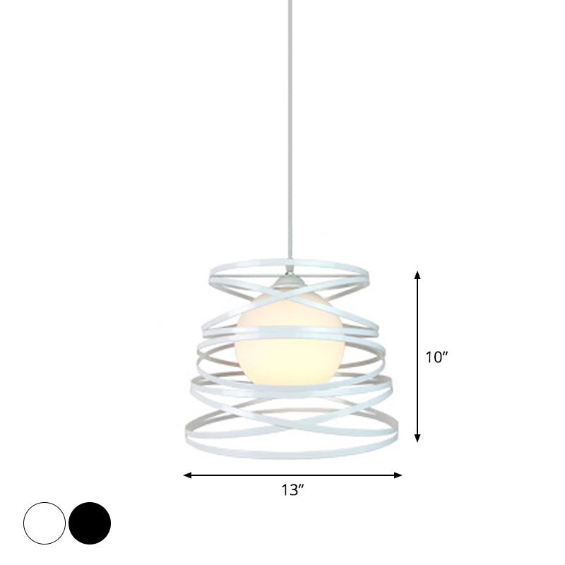 Black/White 1 Head Hanging Light Loft Metal Spring/Ova/Octagon Ceiling Pendant with Inner Globe Opal Glass Shade Clearhalo 'Art Deco Pendants' 'Black' 'Cast Iron' 'Ceiling Lights' 'Ceramic' 'Crystal' 'Industrial Pendants' 'Industrial' 'Metal' 'Middle Century Pendants' 'Pendant Lights' 'Pendants' 'Rustic Pendants' 'Tiffany' Lighting' 1971167