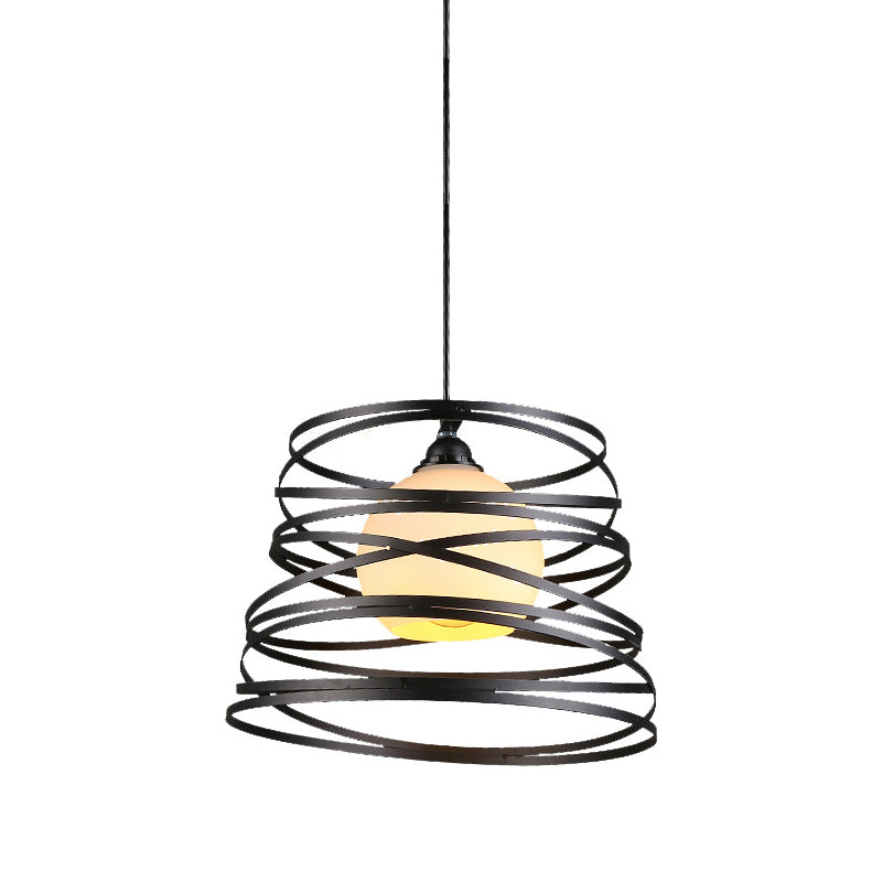 Black/White 1 Head Hanging Light Loft Metal Spring/Ova/Octagon Ceiling Pendant with Inner Globe Opal Glass Shade Black Spring Clearhalo 'Art Deco Pendants' 'Black' 'Cast Iron' 'Ceiling Lights' 'Ceramic' 'Crystal' 'Industrial Pendants' 'Industrial' 'Metal' 'Middle Century Pendants' 'Pendant Lights' 'Pendants' 'Rustic Pendants' 'Tiffany' Lighting' 1971168